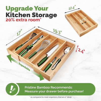 3 of 9:Plateau séparateur extensible et réglable en bois pour couverts en bambou Pristine, 5 emplacements, 43 x 49,3 x 6,1 cm 