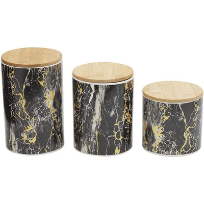 1 of 6:Home Basics 3 Piece Ceramic Canister Set with Bamboo Lids, Marble Black 