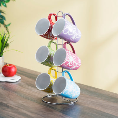 4 of 5:Ensemble de 6 tasses en céramique avec support Home Basics, motif marguerite, multicolore 