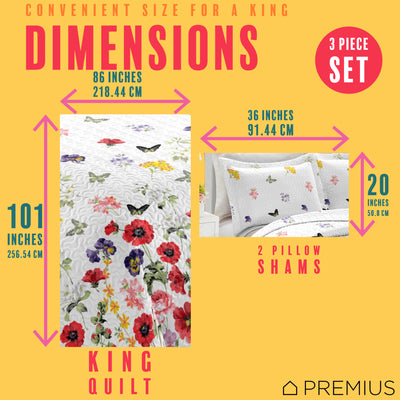 4 of 10:PREMIUS Butterfly 3 Piece Microfiber Wrinkle-Free Quilt Set, White-Multi 