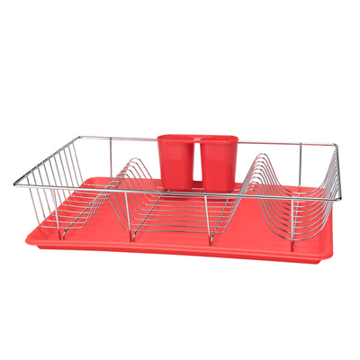 1 of 3:Detalles de la cocina Escurreplatos cromado de 3 piezas con bandeja en rojo 