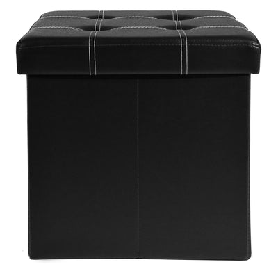 5 of 6:Collapsible Tufted Storage Ottoman, Black Faux Leather, 15x15x15 Inches 