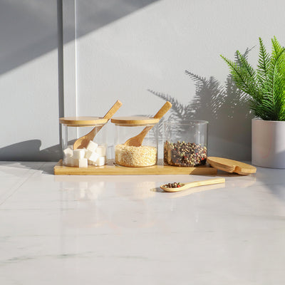 4 of 4:Ensemble de 3 burettes en verre Home Basics avec base en bambou et cuillères 