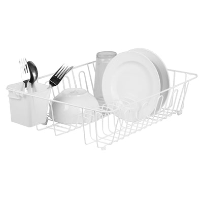 1 of 3:Grand égouttoir à vaisselle en fil de fer recouvert de vinyle avec porte-ustensiles Home Basics, blanc 
