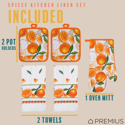 19 of 61:PREMIUS 5 Piece Printed Kitchen Linen Set, 2 Cotton Towels, 2 Pot Holders, 1 Oven Mitt 