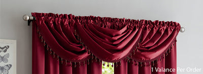 3 of 3:Bridget Crushed Satin Rod Pocket Panel and Waterfall Valance Window Treatments, Burgundy 