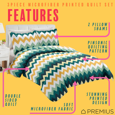 7 of 10:PREMIUS Montego 3 Piece Microfiber Wrinkle-Free Quilt Set, Green-Yellow 
