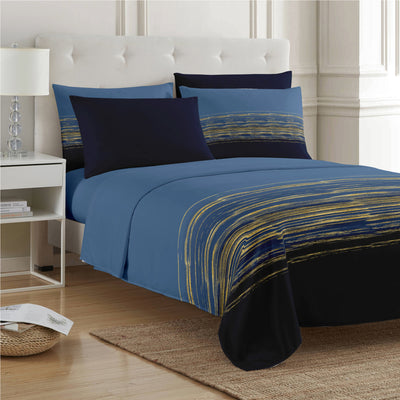 22 of 28:PREMIUS Leo Soft Wrinkle-Free Microfiber Sheet Set, Navy-Gold 
