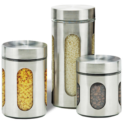1 of 4:Premius Airtight 3-Piece Kitchen Glass Canister Set, Stainless Steel Silver 