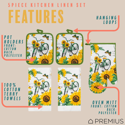 16 of 61:PREMIUS 5 Piece Printed Kitchen Linen Set, 2 Cotton Towels, 2 Pot Holders, 1 Oven Mitt 