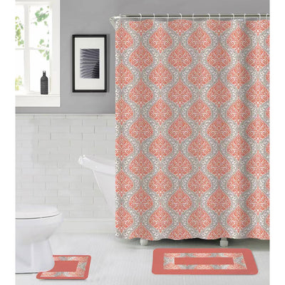 1 of 1:Dante 15 Piece Damask Banded Bathroom Mats and Shower Curtain Set, Coral 