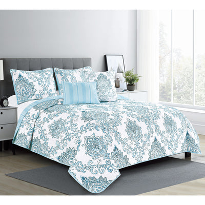 1 of 2:Lydia Damask Oversized 5 Piece Reversible Wrinkle-Free Quilt Set, Blue-White 