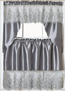1 of 1:Paula 3-PC Organza Embroidered Kitchen Curtain Set, Silver, Tier 30x36, Valance 60x36 Inches 