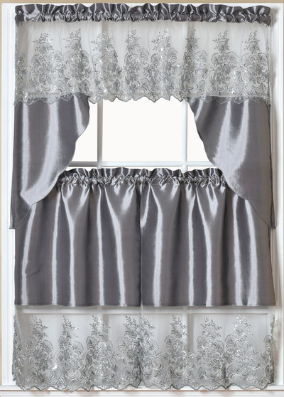 1 of 1:Paula 3-PC Organza Embroidered Kitchen Curtain Set, Silver, Tier 30x36, Valance 60x36 Inches 