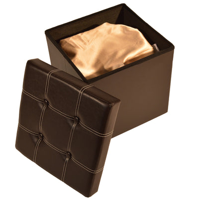 4 of 6:Collapsible Tufted Storage Ottoman, Brown Faux Leather, 15x15x15 Inches 