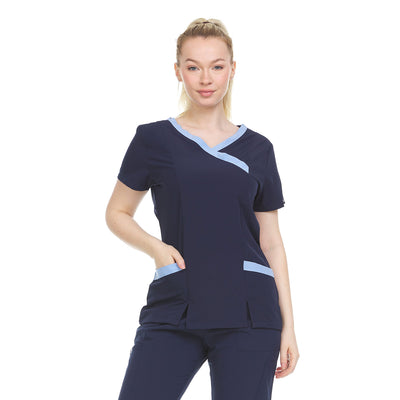 23 of 28:Heal Wear 4-Way Stretch Contrast Mock Wrap Women's Scrub Top 