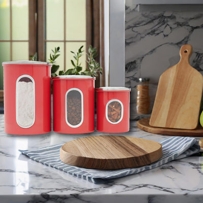 2 of 4:Home Basics 3 Piece Stainless Steel Top Canisters with Windows, Red 