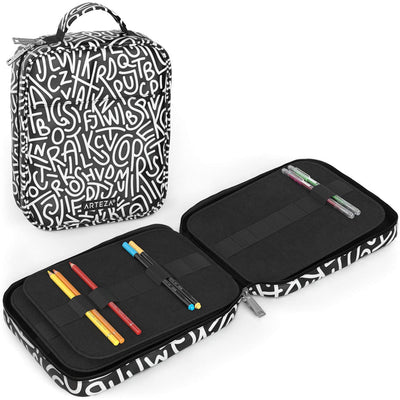 1 of 4:Arteza Estuche organizador, 64 ranuras elásticas, capacidad para 205 lápices, patrón blanco y negro 
