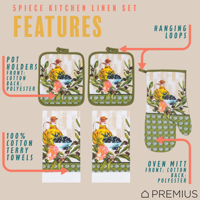 40 of 61:PREMIUS 5 Piece Printed Kitchen Linen Set, 2 Cotton Towels, 2 Pot Holders, 1 Oven Mitt 