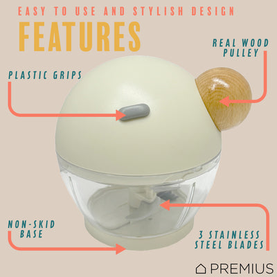 2 of 8:PREMIUS Manual Pull Hand Food Chopper, With Wood Ball, White-Natural, 1.5 Cups 