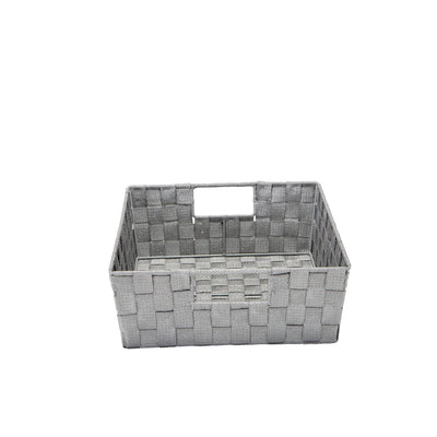 2 of 3:Simplify Large Lurex Striped Woven Storage Shelf Bin in Grey/Silver 