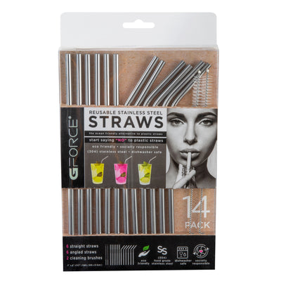 1 of 4:Gforce Eco-Friendly Reusable Stainless Steel 14 Pack Straw Set, Including 2 Cleaning Brushes 