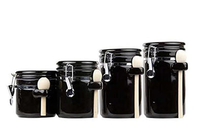 2 of 3:Ensemble de 4 boîtes en céramique Home Basics avec cuillère en bois, noir 