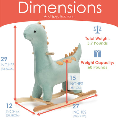 7 of 8:JOON Bronty Ride-On Dinosaur Rocking Horse with Sound Effects, Green-Brown 