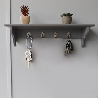 4 of 4:Étagère flottante en bois Home Basics avec crochets à clés, gris 