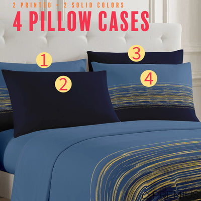 18 of 28:PREMIUS Leo Soft Wrinkle-Free Microfiber Sheet Set, Navy-Gold 