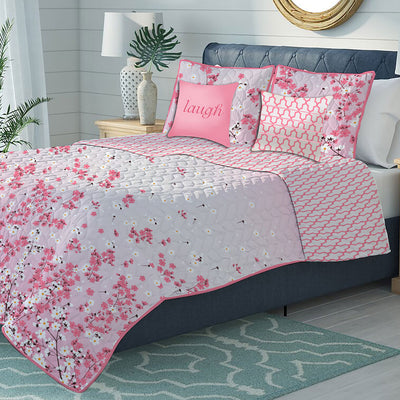 2 of 2:Flora Oversized 5-Piece Reversible Quilt Set, Pink-White 