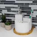 4 of 4:Ensemble d'accessoires de salle de bain en céramique Home Basics Serene Scandinavian, 4 pièces, avec plateau en bambou, blanc 