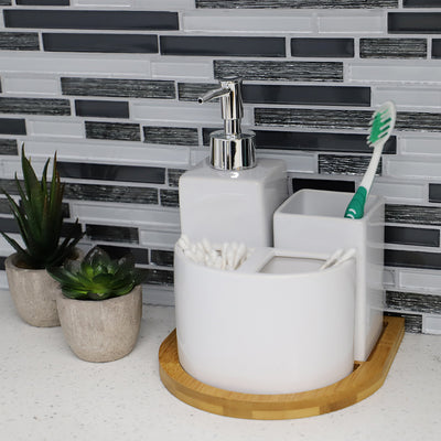 4 of 4:Ensemble d'accessoires de salle de bain en céramique Home Basics Serene Scandinavian, 4 pièces, avec plateau en bambou, blanc 