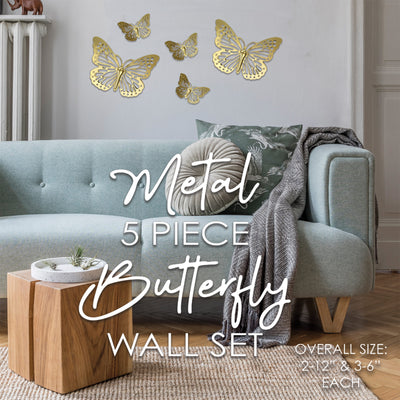 2 of 2:Ensemble de décoration murale papillon en métal PREMIUS, 5 pièces, blanc-argent, (3) 6 pouces, (2) 12 pouces 