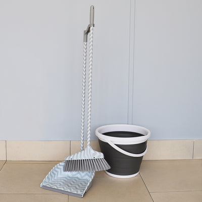 4 of 4:Home Basics Chevron Upright Angled Broom and Plastic Dust Pan Set with Comfort Grip Handle, Grey 