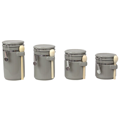 1 of 3:Home Basics Lot de 4 boîtes en céramique avec couvercle et cuillères en bois, gris 