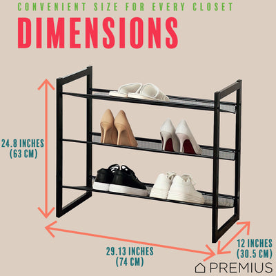 5 of 7:PREMIUS 3 Layer Metal Mesh Shelf Shoe Rack, Black, 29x12x16.5 Inches 