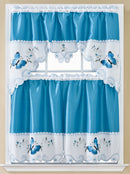 1 of 1:Noor Butterfly Embroidered Kitchen Curtain Set, Blue, Tier 30x36, Valance 60x36 Inches 