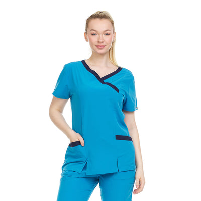 10 of 28:Heal Wear 4-Way Stretch Contrast Mock Wrap Women's Scrub Top 