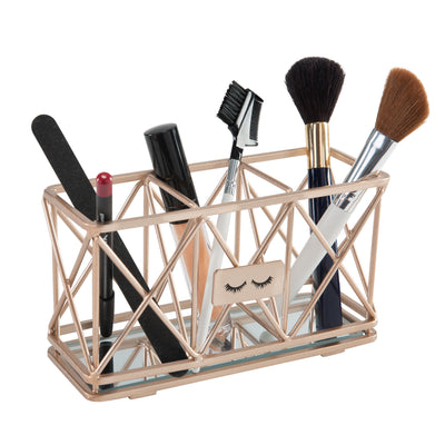 2 of 4:Detalles del hogar Portalápices para brochas de maquillaje con 3 compartimentos en oro rosa 