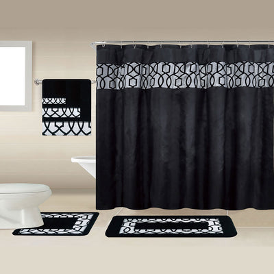 1 of 1:Gate 18 Piece Geometric Bath Rug, Shower Curtain and Towel Set, Black 