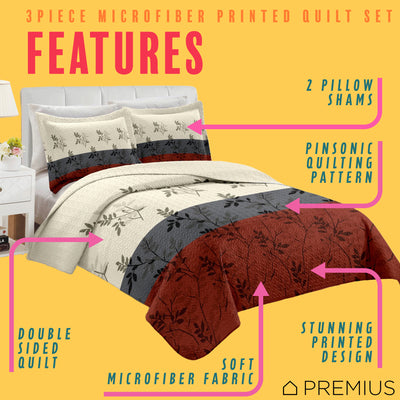 2 of 7:PREMIUS Isabella 3 Piece Microfiber Wrinkle-Free Quilt Set, Brick-Gray-Beige 