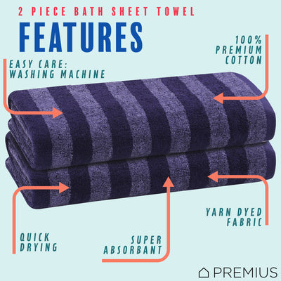 33 of 40:PREMIUS 2 Pack Stripes 100% Cotton Yarn Dyed Bath Sheet Towel, 32x64 Inches 