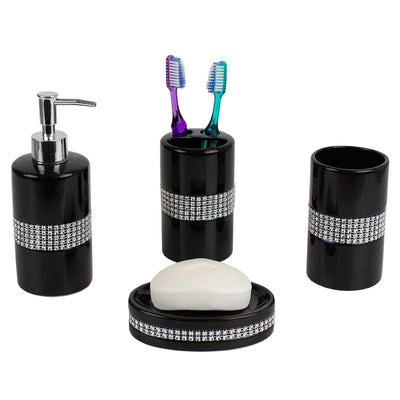 1 of 6:Ensemble d'accessoires de bain de luxe Home Basics, 4 pièces, avec de superbes paillettes, noir 