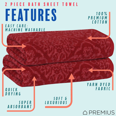 23 of 24:PREMIUS 2 Pack Damask 100% Cotton Yarn Dyed Bath Sheet Towel, 32x64 Inches 