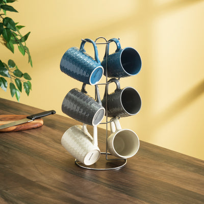 5 of 8:Ensemble de 7 tasses avec support diamant Home Basics (6 tasses, bleu marine, gris et blanc) 