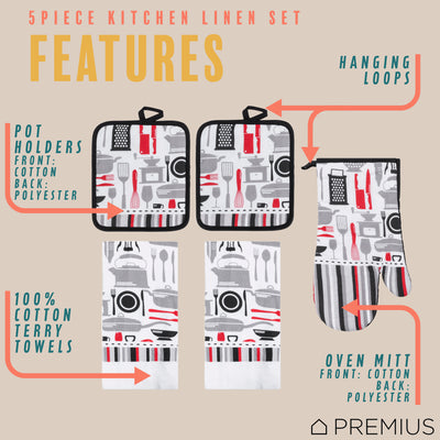 60 of 61:PREMIUS 5 Piece Printed Kitchen Linen Set, 2 Cotton Towels, 2 Pot Holders, 1 Oven Mitt 