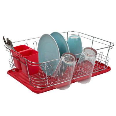 1 of 4:Home Basics Estante para platos de plástico y acero cromado, 3 piezas, color rojo 