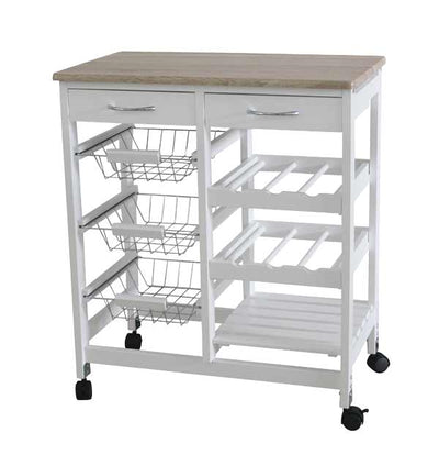 1 of 3:Home Basics Oak Top Rolling Kitchen Trolley with Two Drawers and Two Baskets, White 