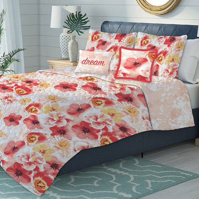 3 of 3:Juego de edredón reversible floral extragrande de 5 piezas Antonia, naranja 